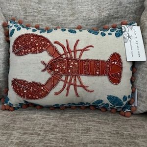 Coastal Collection Coral Lobster Beaded Sequined Lumbar Throw Pillow